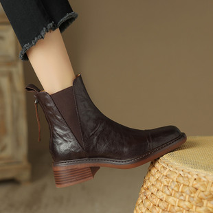 33-42码粗跟冬季头层羊皮切尔西靴女