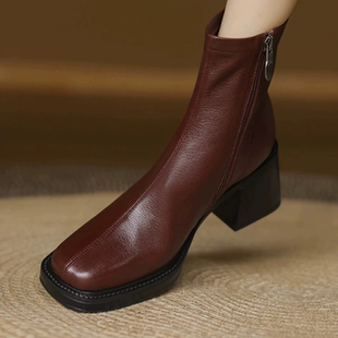 工厂断码福利。6厘米粗跟一体成型底头层软羊皮瘦瘦靴女鞋-9928