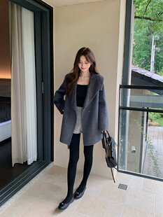 韩版宽松显瘦百搭毛呢外套女中款小个子小香风上衣拉绒毛领拼接款