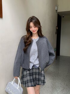 秋冬新双面羊毛大衣女中长款韩版宽松羊毛呢子外套短款圆领拉链式