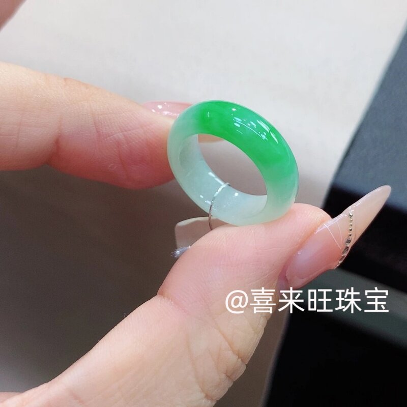 冰种白飘绿满阳绿玉石戒指指环