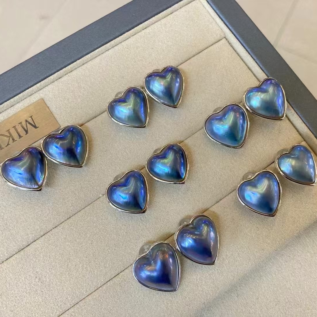 海水蓝爱心马贝耳钉s925纯银14mm