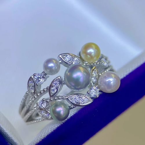 宫廷风天然海水珍珠三色纯银戒指