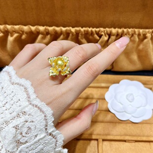 天然海水南洋金珠戒指银s925镶嵌人间富贵花立体花朵高级感气质女