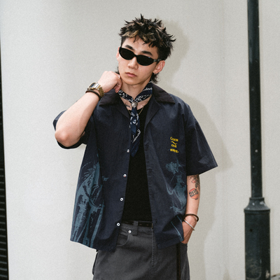 Liberty line25ss欧美街头宗教风格印花撞色领短宽剪裁短袖衬衫