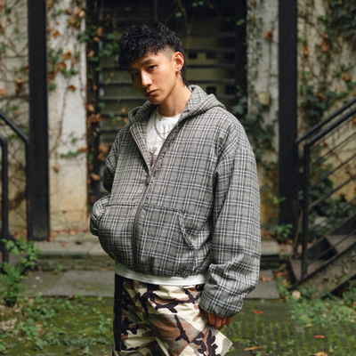 Liberty line25fw欧美街头经典active夹克改短宽格纹连帽夹克棉服