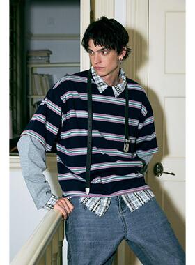 Liberty line24aw欧美街头短宽剪裁轻破坏清爽条纹假两件长袖T恤