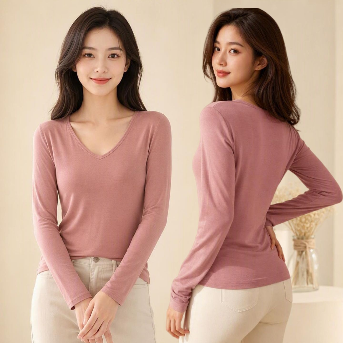 莫代尔V领打底衫女秋冬新款宽松长袖T恤内搭上衣加大码纯色秋衣薄