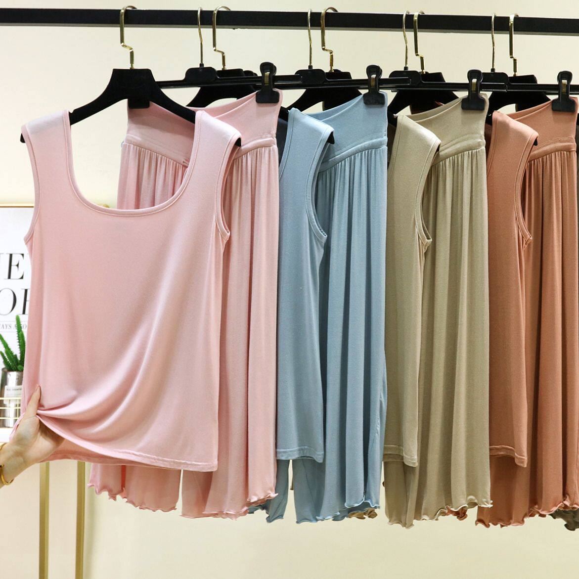 女夏薄款外穿吊带阔腿裤飞边休闲裤套装莫代尔U领背心七分裤套装