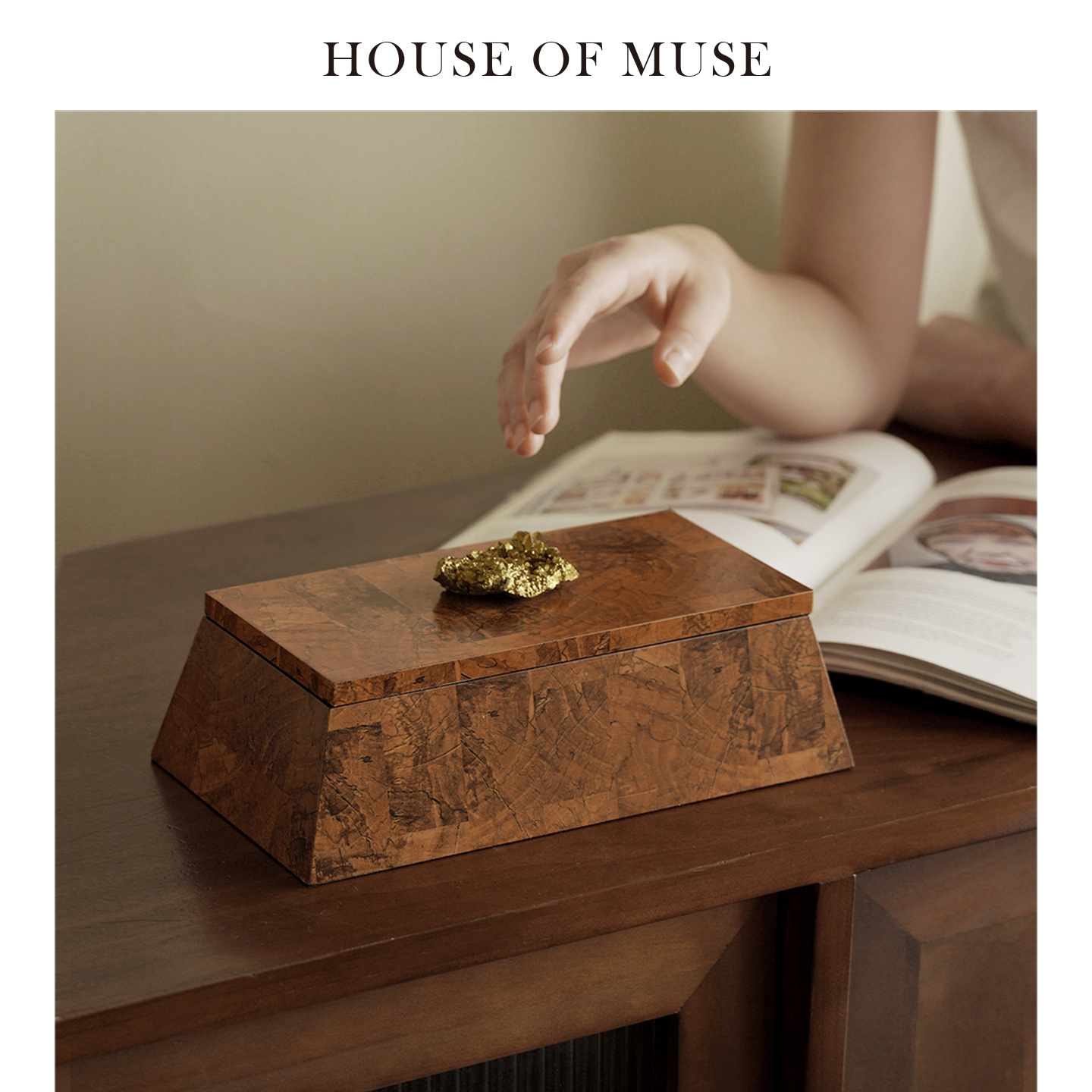 缪斯家 中古风首饰盒木纹天然矿石珠宝项链梳妆台复古收纳盒摆件