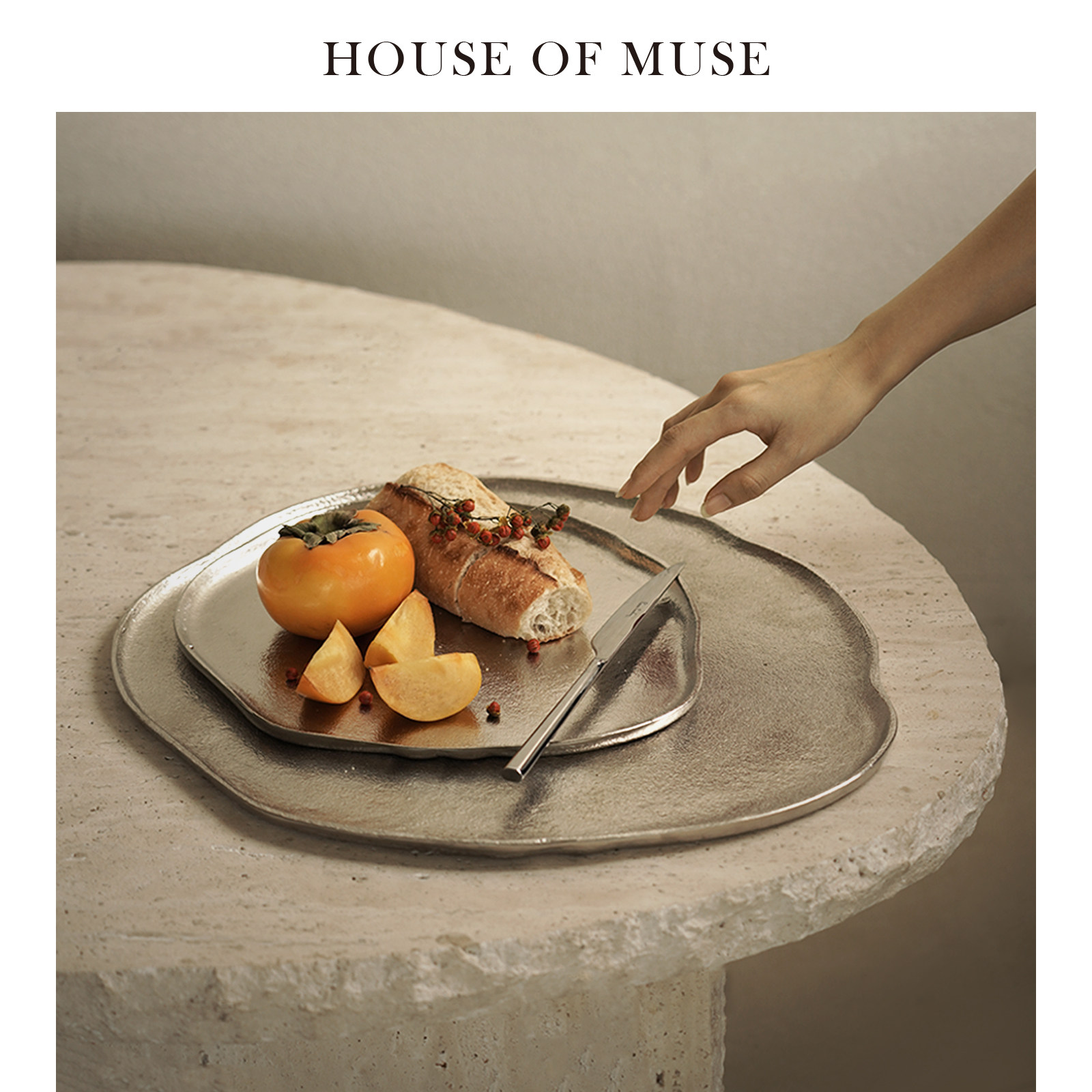 缪斯家“流光银”印度进口金属托盘不规则浅边水果盘家居轻奢摆件