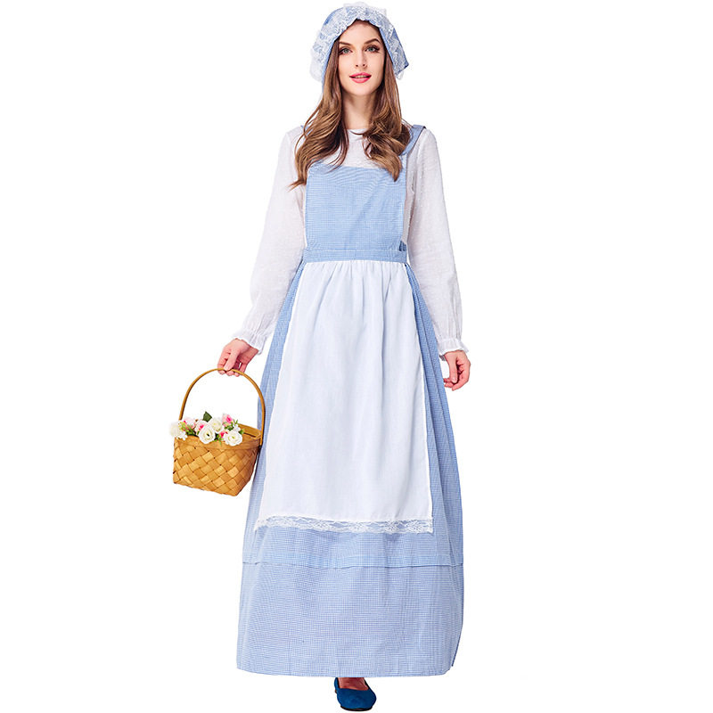 牧场物语服饰欧美农庄少女天蓝格子厨娘裙田园亲子款表演服装