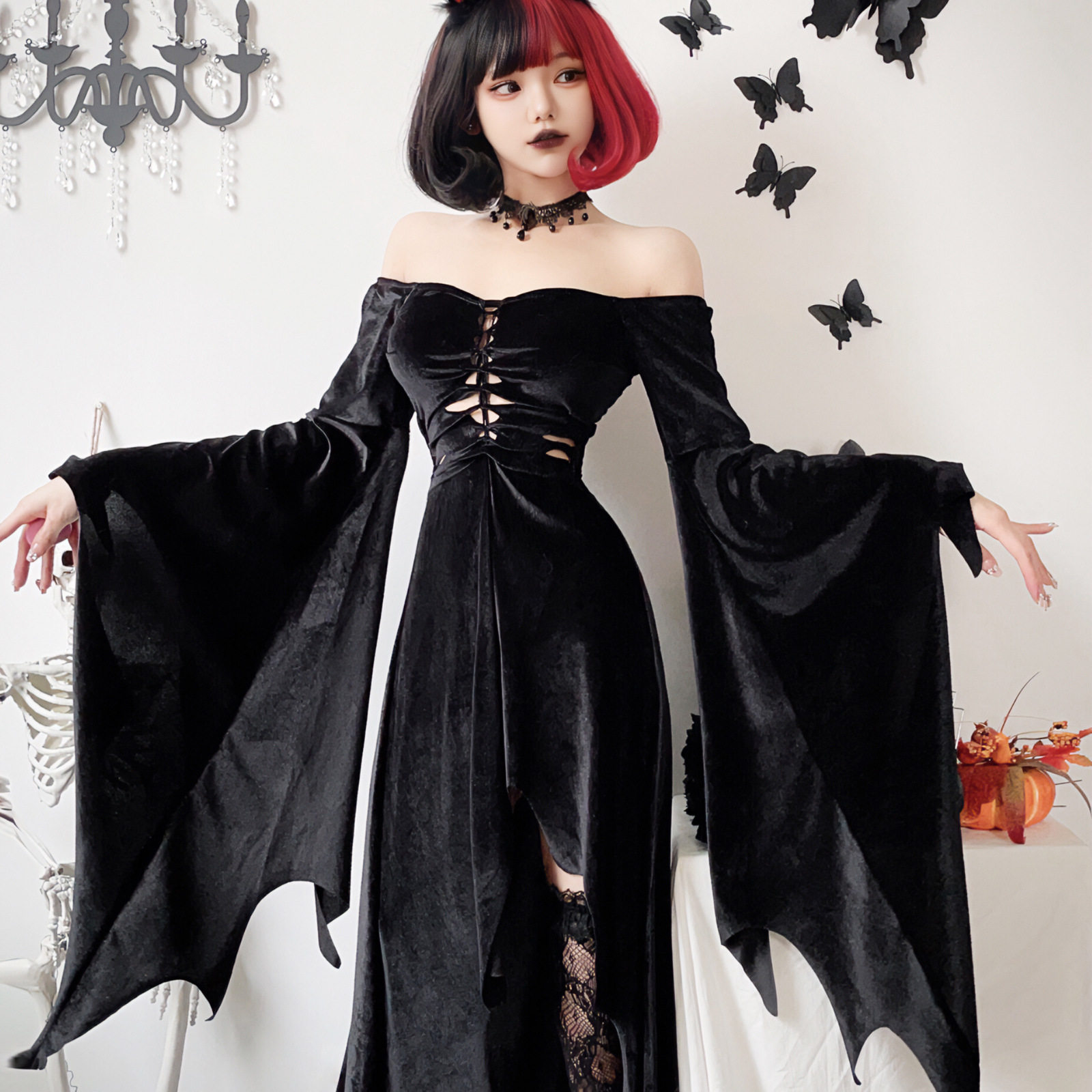 欧美暗黑哥特式万圣节服装女巫婆长裙吸血鬼死神黑色连衣裙