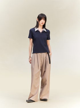 芸蚁〔糯米〕撞色形态褶领合身翻领海鸥领复古夏季短袖POLO衫T恤