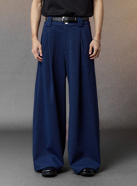 芸蚁〔水手〕重磅双纱混纺斜纹深海蓝廓形保暖打褶长裤