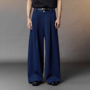 芸蚁〔水手〕重磅双纱混纺斜纹深海蓝廓形打褶长裤