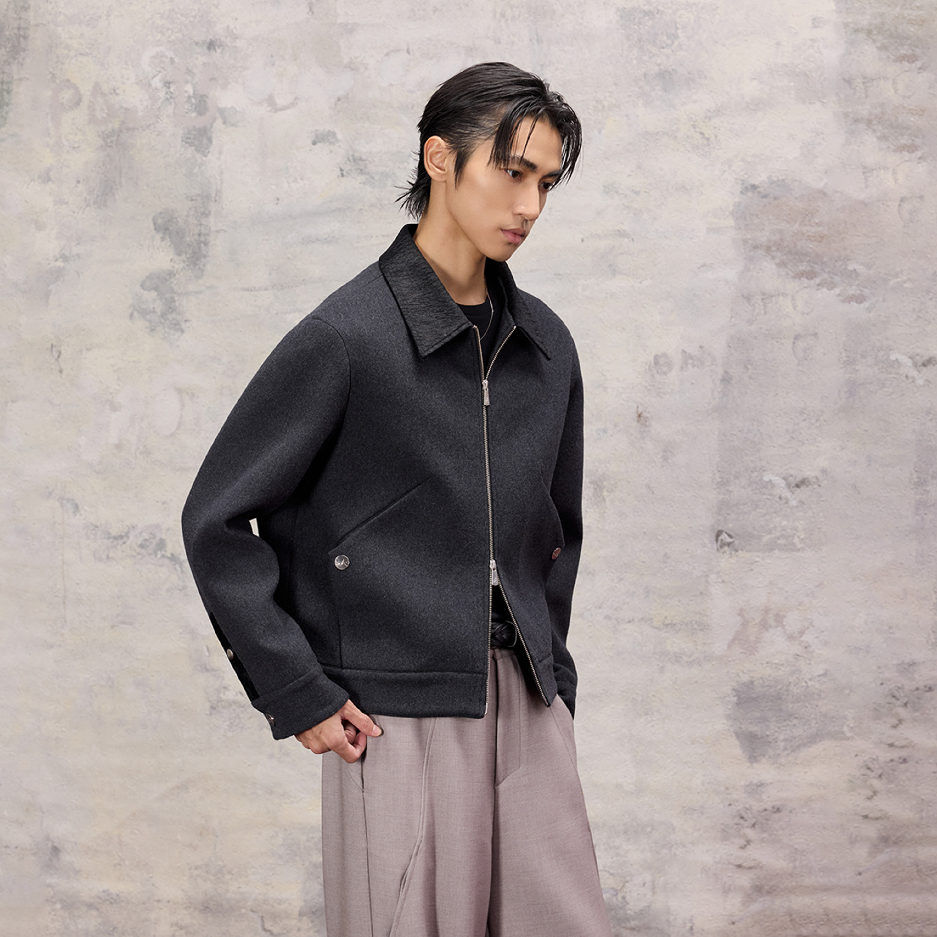 芸蚁〔白鸽〕特色花纱50羊毛混纺提花撞色领拼接结构毛呢夹克外套