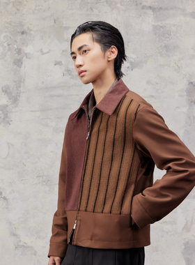 芸蚁〔牧人〕麻感棉混纺游牧风拼接网面撞色镂空条纹肌理夹克外套