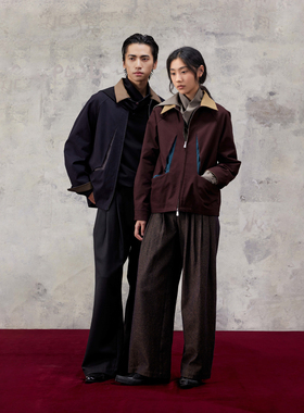 芸蚁〔玛瑙〕涂层洗褪纯棉立体镂空可水洗皮翻领撞色结构夹克外套