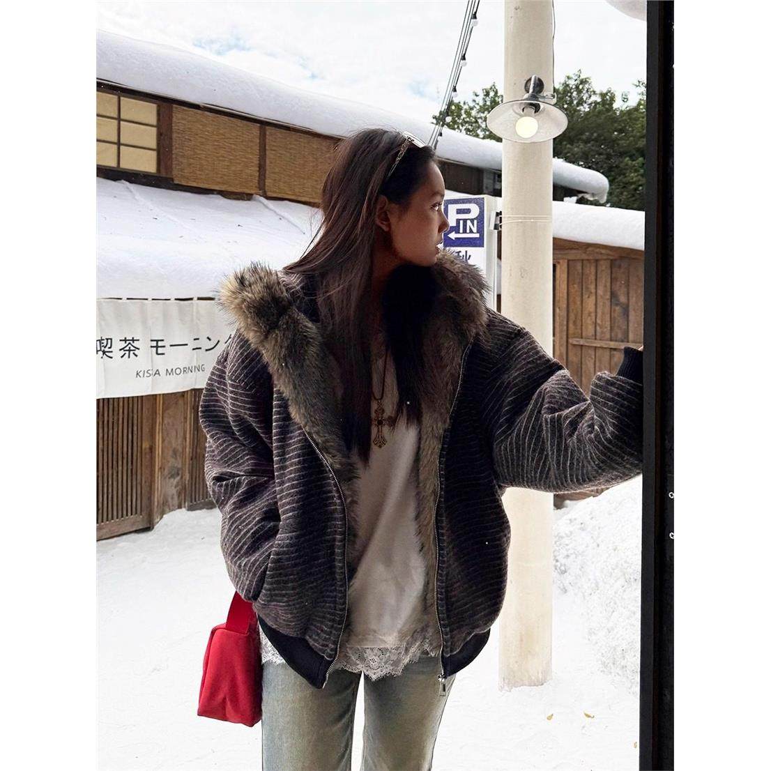 一祇土狗啊/冬季加绒条纹连帽卫衣女美式覆古毛领开衫加厚外套潮,个性定制/设计服务/DIY,棉服工装,淘宝优惠券,粉丝福利购,淘宝优惠卷