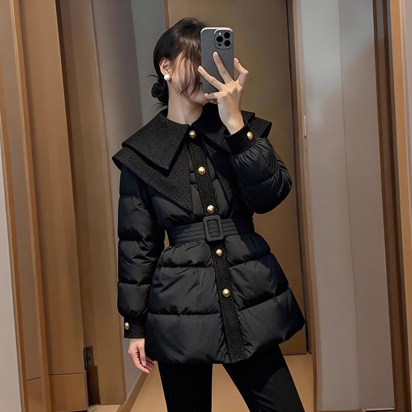 小香风翻领黑色羽绒棉服女款2025新款冬季收腰束带棉衣棉袄厚外套,个性定制/设计服务/DIY,棉服工装,淘宝优惠券,粉丝福利购,淘宝优惠卷