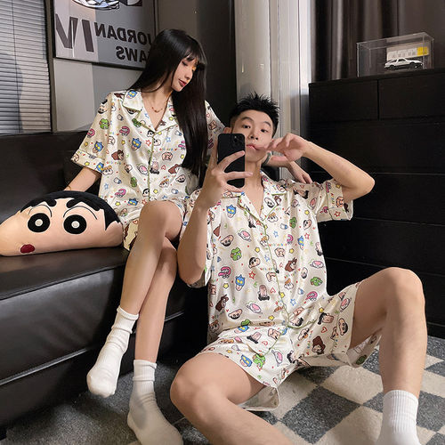 全棉纯棉蜡笔小新情侣睡衣女夏季短袖冰丝绸三件套可爱薄款夏天男