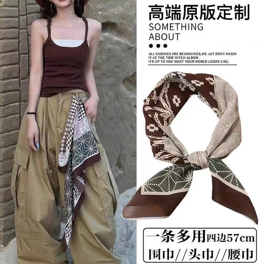 新款推荐废土风棕色方巾丝巾女2026新款高级感腰巾长条腰带屁帘