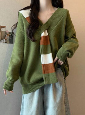 法国chrry koop美式复古绿色V领毛衣女秋冬新款中长款围巾领宽松