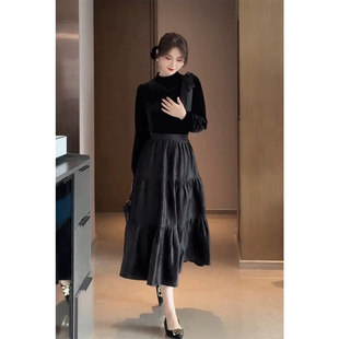 秋冬新款 BEBE 丝绒洋装 收腰长裙 NOBLE赫本风黑色长袖 高级感法式