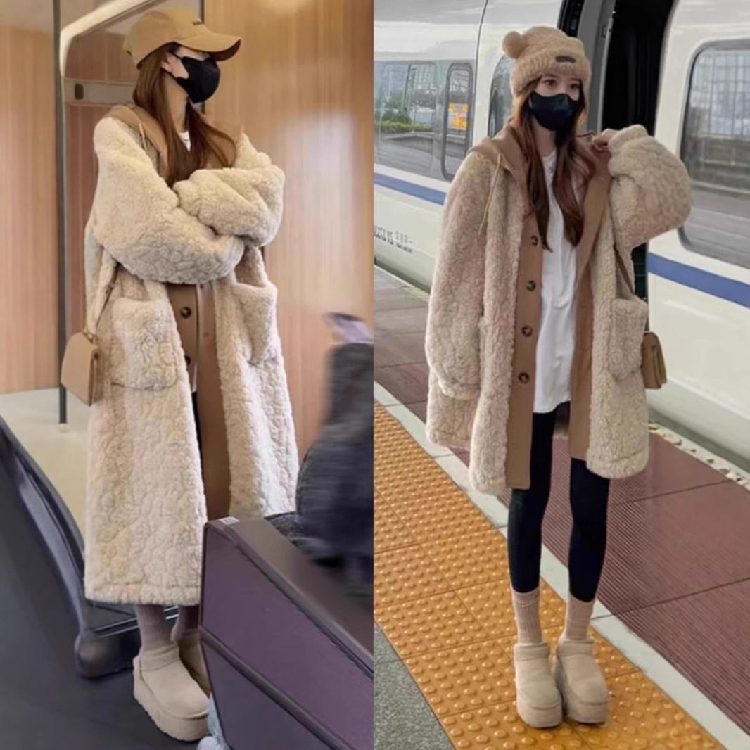 法国chrry koop小香风假两件连帽羊羔毛外套女秋冬高级感宽松