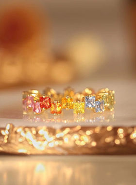 法国Gentle Motto彩虹系列镀925镶嵌彩色仿宝石仿碧玺石戒指简约