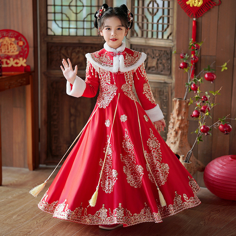 女童汉服中国风冬季加绒儿童拜年服唐装红色古装连衣裙小女孩裙子
