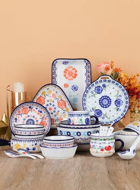 美式波兰餐具盘碗碟套装家用轻奢高颜田园异域北欧瓷健康微波烤箱