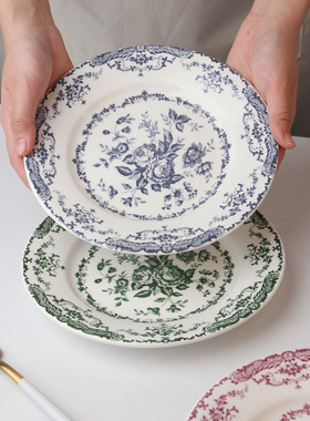 西式复古陶瓷盘高温手绘经典玫瑰花纹可烤可蒸可微波ins风甜品盘