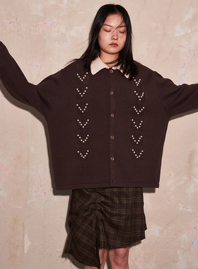 SAME FLOW 春秋男女同款宽松时尚耐穿镂空点缀珍珠装饰针织开衫