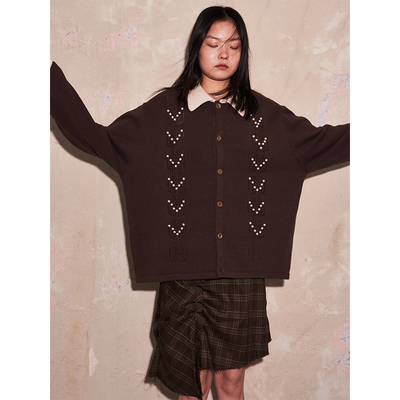 SAME FLOW 春秋男女同款宽松时尚耐穿镂空点缀珍珠装饰针织开衫