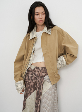 SAME FLOW 初秋通勤极简风原创廓形条纹拼接设计飞行员短款夹克