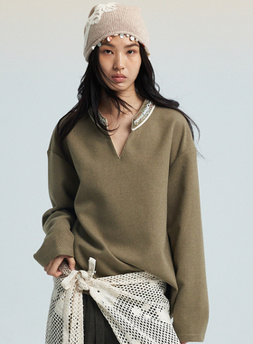 SAME FLOW 民族风多色毛绒织带设计感V领百搭舒适耐磨内搭上衣