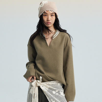 SAME FLOW 民族风多色毛绒织带设计感V领百搭舒适耐磨内搭上衣