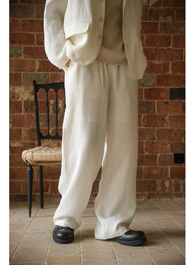 SAME FLOW 简约白色亚麻抽绳松紧腰阔腿裤百搭高密直筒休闲长裤