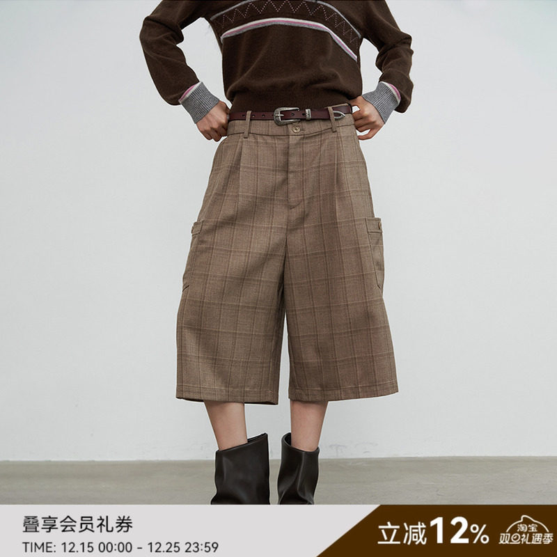 SAMEFLOW 中性咖色格纹复古学院风松弛五分裤女秋冬宽松阔腿裤子