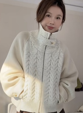 SAMEFLOW  冬日复古半高领拉链与领口花纹针织拼接双面昵上衣外套