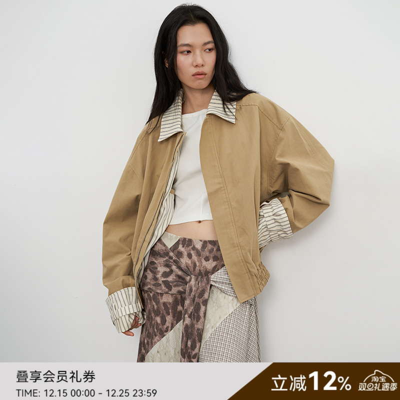 SAME FLOW 初秋通勤极简风原创廓形条纹拼接设计飞行员短款夹克