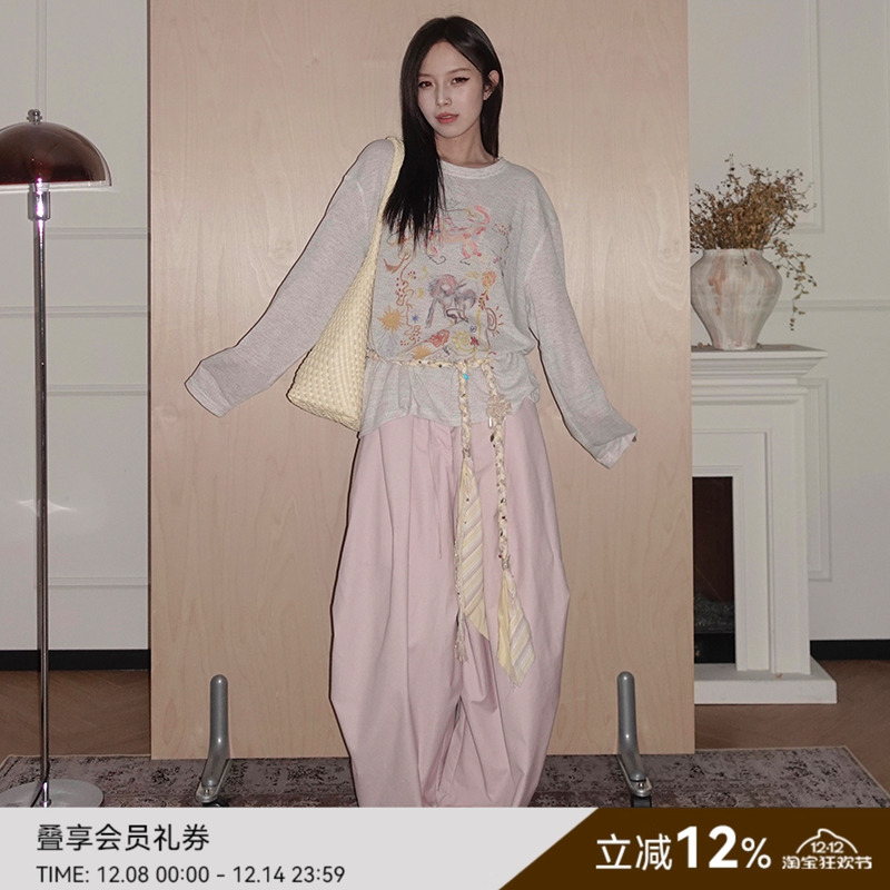 SAME FLOW“神马游园绘”涂鸦印花上衣早秋长袖防晒罩衫T恤女宽松