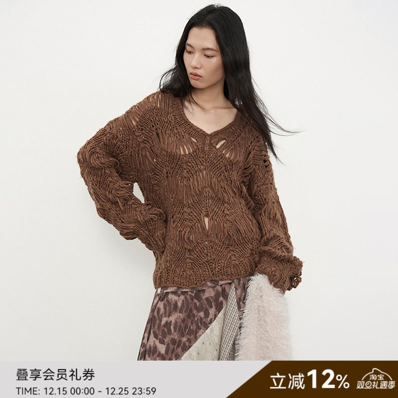 SAMEFLOW 原创纯手工钩织棕咖高级复古感慵懒套头毛衣女冬季上衣