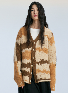 SAME FLOW 慵懒感冬日复古小众设计撞色不规则V领肌理感拼接开衫