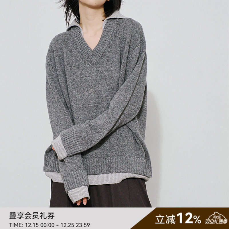 SAME FLOW 100%羊毛套头毛衣秋季新品时髦设计感假两件针织上衣男