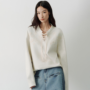 SAME 原创设计浅灰色蕾丝飞鸟刺绣挺括感早秋立领卫衣女上衣 FLOW