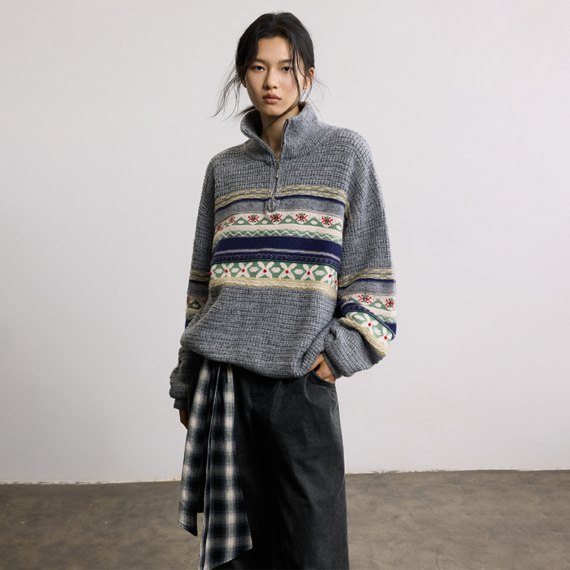 SAME FLOW 费尔岛提花图案半高领宽松慵懒百搭针织套头保暖上衣女