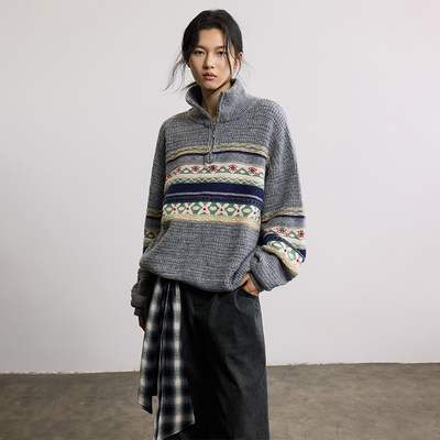 SAME FLOW 费尔岛提花图案半高领宽松慵懒百搭针织套头保暖上衣女